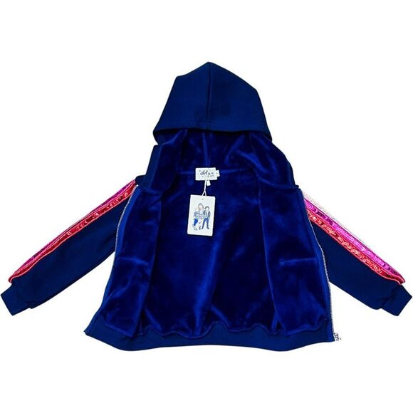 NWT! Lola and the Boys Navy Sequin Stripe Sleeve Zipper Hoodie Size 2 - Picture 3 of 7